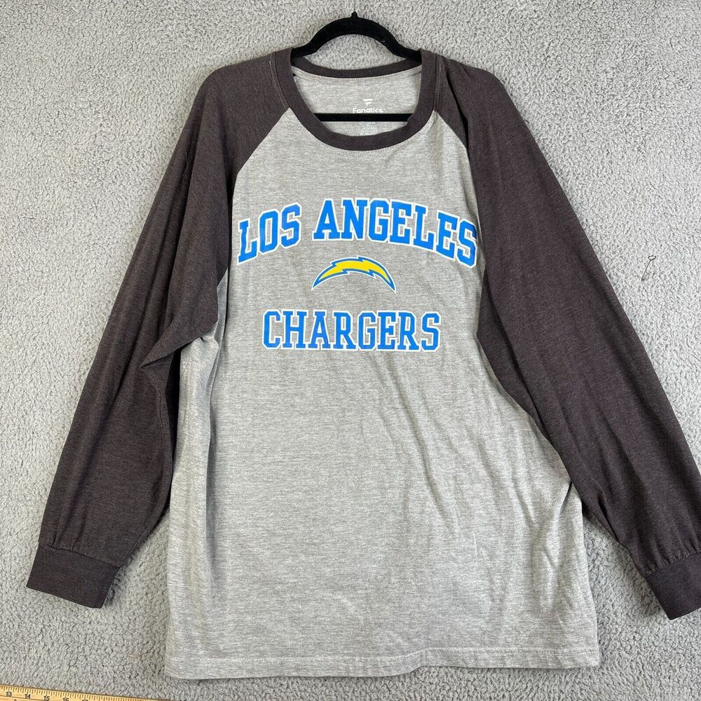 LOS ANGELES CHARGERS T-Shirt Mens 2XL Gray Brown Bolts Blue Spellout Long Sleeve
